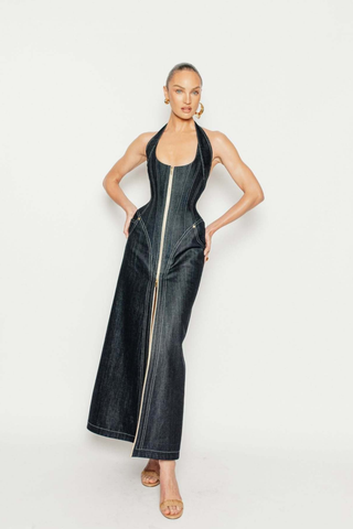 Halter Neck Denim Long Dress with Front Zip and Contour Stitching