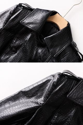 Croc-Texture Faux Leather Trench