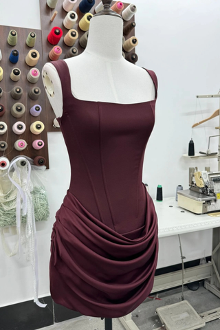 Draped Corset Mini Dress – Square Neck Satin Ruched Bodycon Dress