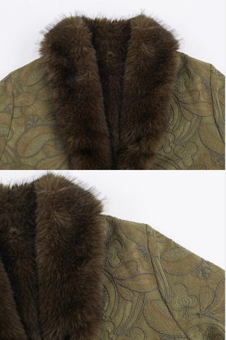 Embroidered Jacquard Jacket with Luxe Faux Fur Trim – Elegant Short Winter Coat