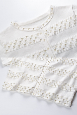 Pearl-Embellished Half Sleeve Knit Cardigan– Button Front, Soft Stretch & Cropped Fit