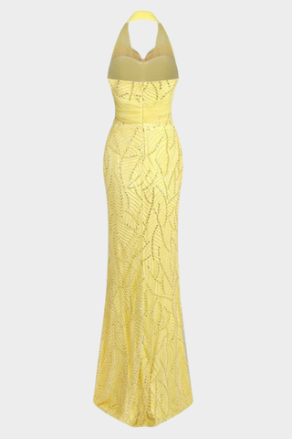 Sleeveless Halter Beaded Yellow Tulle Long Dress – Hand-Embellished Sequins & Pearls, Floor-Length Design
