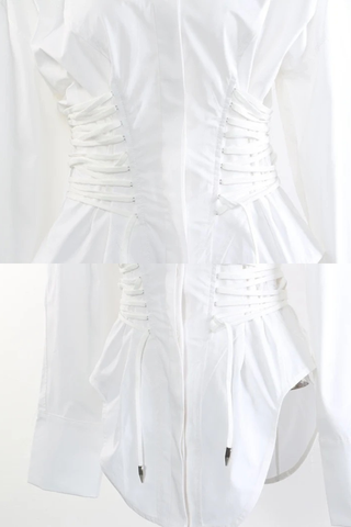 Long Sleeve Corset Waist Button-Up Shirt Dress with Lace-Up Back