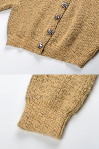 Short Knit Cardigan with Jewel-Embellished Round Neck and Buttons