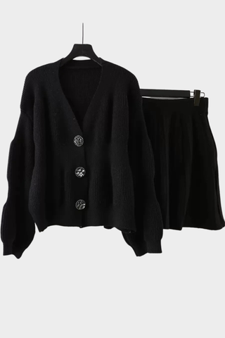 Ribbed Knit Cardigan & Pleated Skirt Set – Soft Cozy Two-Piece Outfit for Fall & Winter