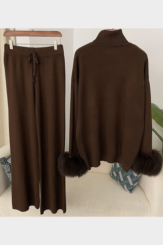 Faux Fur Trim Turtleneck Knit Set – Long Sleeve Top & Wide-Leg Pants