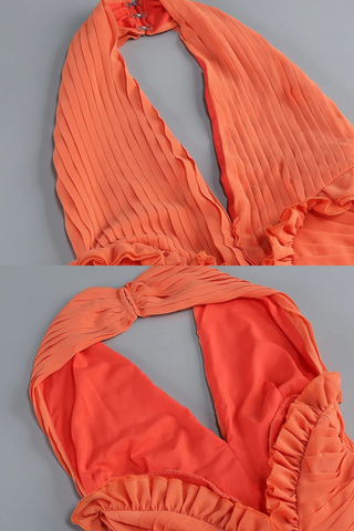 Halter Neck Ruffled Waist Chiffon Long Dress with Flowing Skirt