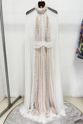 Heavy Pearl-Embroidered Mesh Tulle Long Dress with High Collar and Draped Cape