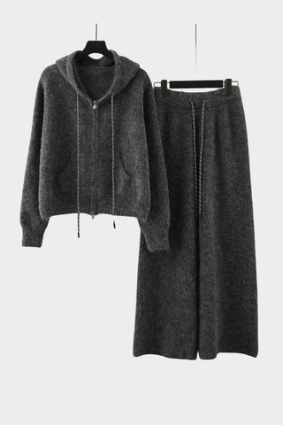 Cozy Fuzzy Knit Hoodie & Wide-Leg Pants Set - Soft Two-Piece Loungewear