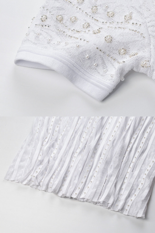 Pearl Embellished Knit Long Dress with Pleated Skirt – Short Sleeve