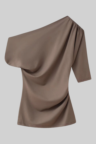 Asymmetric Draped Half Sleeve Top with Metal Accent