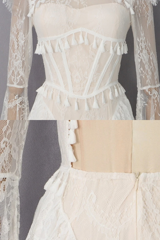 Lace Corset Long Dress with Ruffle Layers & Flared Sleeves