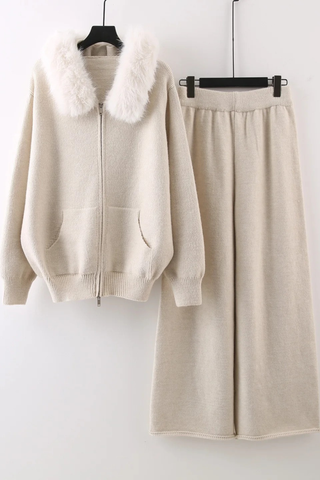 Zip-Front Hooded Knit Set with Faux Fur Trim – Long Sleeve Top & Wide-Leg Pants