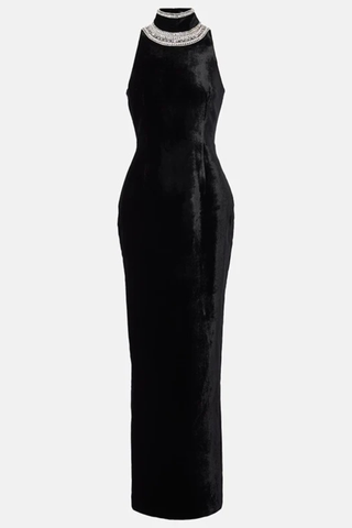 Velvet Sleeveless Long Dress with Rhinestone Embellished High Neck and Open Back