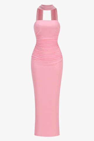 Strapless Ruched Slim Fit Long Dress with Mesh Scarf and Back Slit