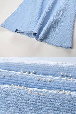 Pearl-Embellished Sculpted Knit Mini Dress with Flared Fit