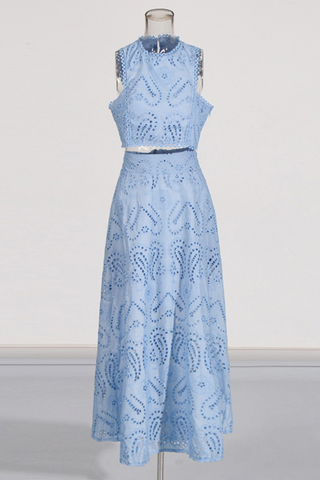 Sky Bloom Embroidered Eyelet Set  Round Neck Crop Top & High-Waist Maxi Skirt