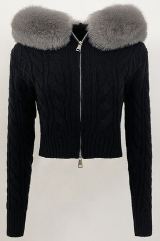 Soft Cable Knit Jacket with Statement Fur Collar