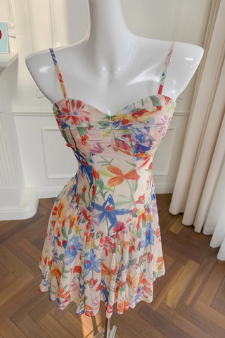 Floral Chiffon Mini Dress with Ruched Bust, Fit-and-Flare Skirt, and Inner Shorts