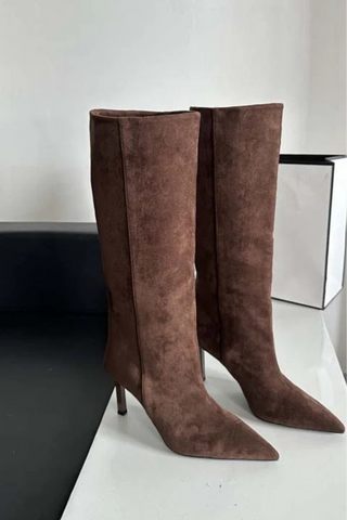 Pointed-Toe Suede Knee-High Stiletto Boots | Slim Fit, High Heel Winter Fashion Boots