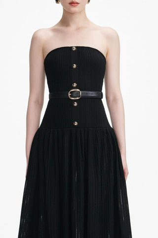 Strapless Pleated Knit Long Dress with Belt – Elegant Stretch Fabric
