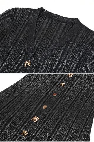 Knit Ribbed Button-Down Flare Maxi Dress with Fluted Cuffs – Long Sleeve Bodycon Elegant Style