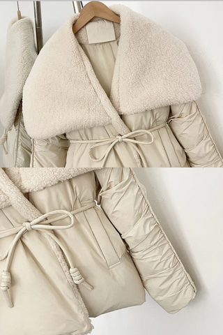 Belted Puffer Jacket with Oversized Faux Shearling Collar – One Size
