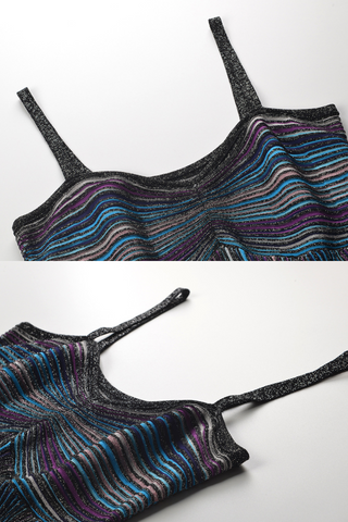 Aurora Nights Metallic Pleated Stripe Spaghetti Strap Mid-Long Dress