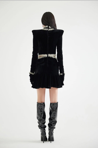 Velvet Long Sleeve Mini Dress with Beaded Fringe and Cutout Waist