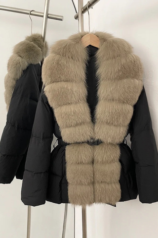 Belted Puffer Jacket with Faux Fox Fur Collar and Front Panel
