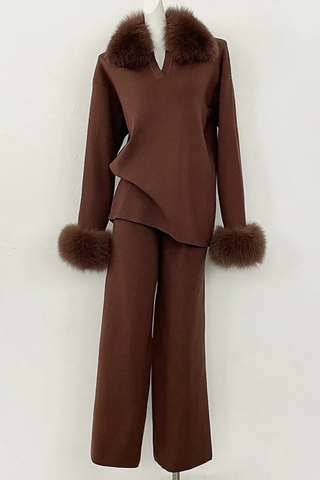 Faux Fur Trim Knit Two-Piece Set – Long Sleeve Top & Wide-Leg Pants