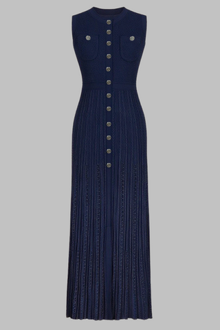 Elegant Sleeveless Textured Knit Long Dress with Button Front and Fitted Waistline