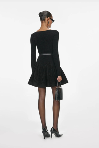 Knitted Long Sleeve Flared Dress with Belt – Soft Winter Knit Mini Dress