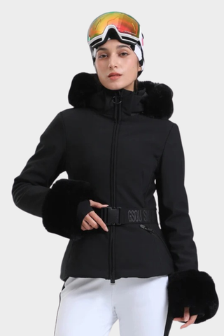Tailored Ski Jacket with Belted Waist, Fur Details, and Long-Sleeve Design