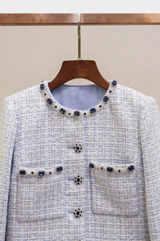 Embellished Collar Tweed Jacket – Long Sleeve, Pearl & Crystal Trim