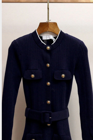 Long-Sleeve Knit Top With Belted Waist & Satin Maxi Skirt Design