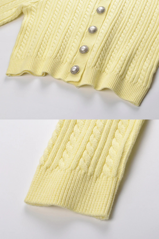 Butter Yellow Long Sleeve Cable Knit Cardigan with Crystal Collar and Pearl Buttons