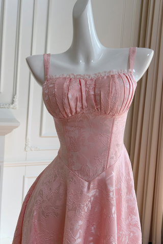 Blossom Pink Floral Jacquard Corset Long Dress with Lace Up Back and Pleated Bust