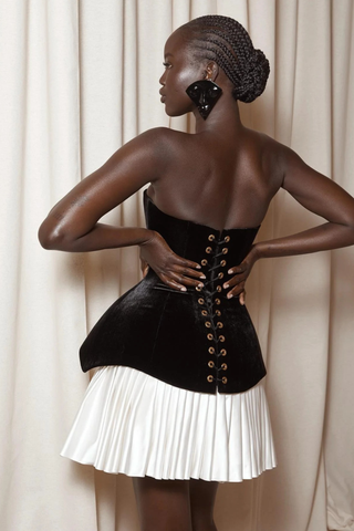 Velvet Corset Mini Dress with Pleated Skirt – Sleeveless Structured Bodice