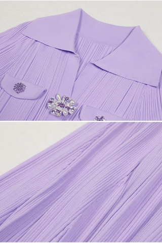 Short Sleeve Knit Long Dress with Rhinestone Buttons and Collar