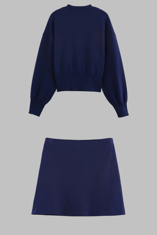 Knitted Two-Piece Set with Balloon Sleeve Cardigan and Mini Skirt