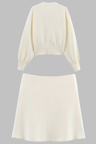 Ivory Knitted Cardigan and Mini Skirt Set with Statement Silver Buttons