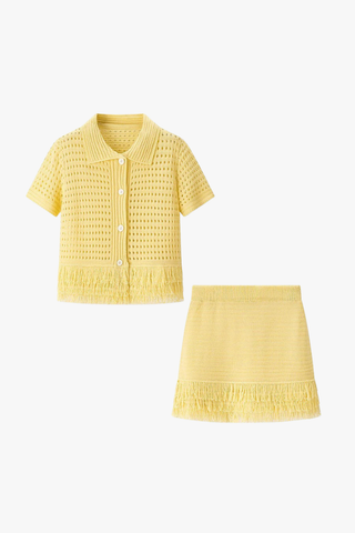 Fringe Hem Knit Set – Crochet Button-Up Top & Ribbed Mini Skirt