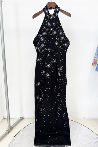 Crystal Starburst Halter Long Dress with Side Slit and High Neck Embellishment