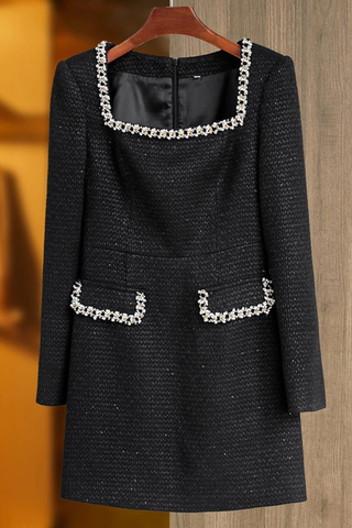 Long Sleeve Tweed Mini Dress with Pearl-Trimmed Square Neck and Pocket Details