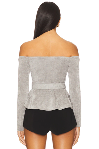 Elegant Velvet Off-Shoulder Top with Rhinestone Neckline and Belt