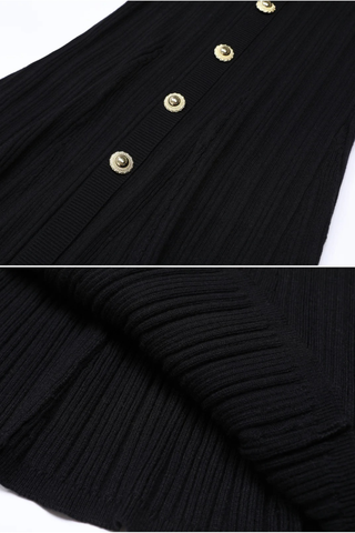 Long Sleeve Ribbed Knit Button-Down Midi Dress with Belt and Contrast Cuffs