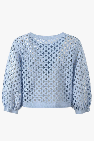 Embellished Open-Knit Cropped Cardigan with Elbow-Length Balloon Sleeves