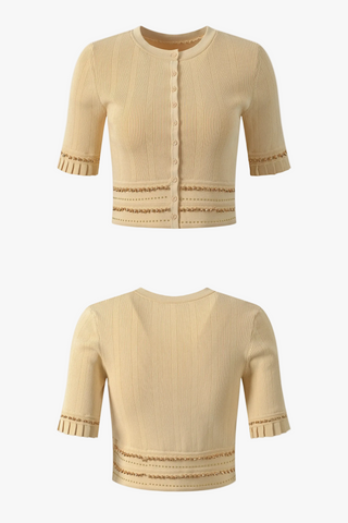 Gold Beaded Short Sleeve Cardigan & Pleated Long Skirt Set