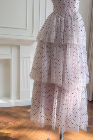 Blush Polka Dot Halter Dress with Tiered Mesh Skirt